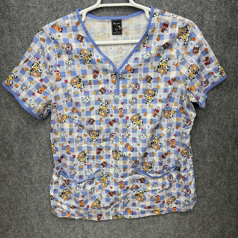 Koi Tokidoki Scrub Top Women's 2XL‎ Eve Summer Picnic Blue / White Nursing